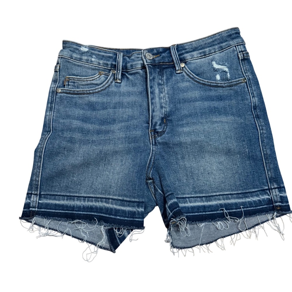 Judy Blue Medium Wash Distressed Raw Hem Denim Shorts MD Size M